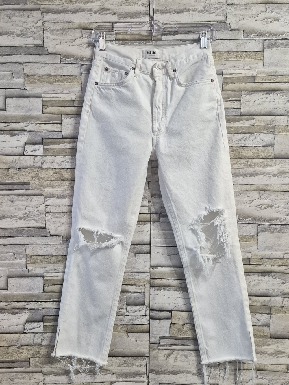 ​AGOLDE Jeans Riley Women 25 White High Rise Straight Crop Side Slit Distressed